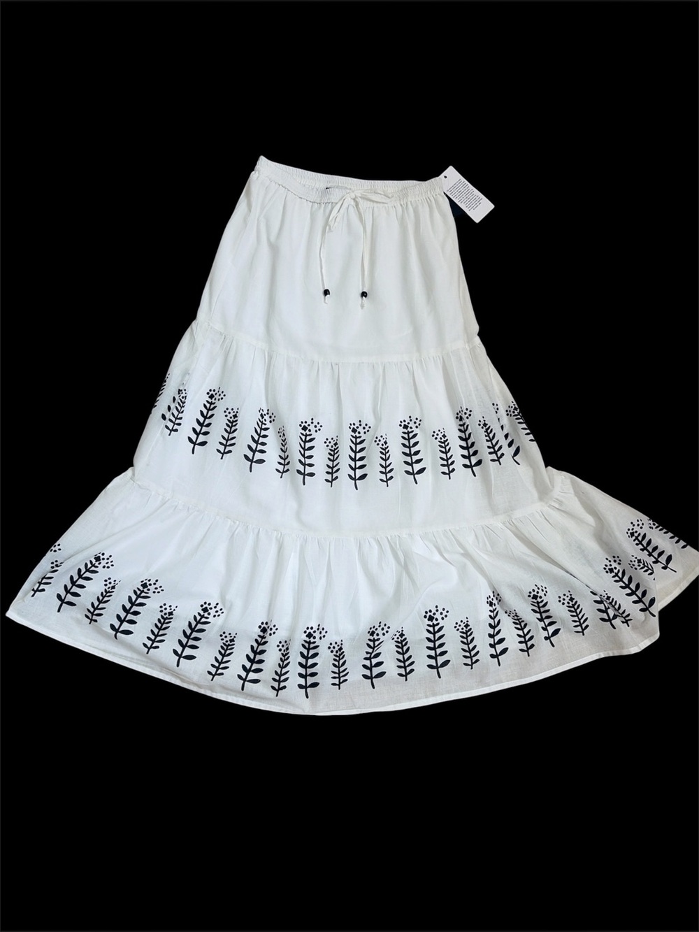 Metrowear skirt BoHo NWT white botanical leaf print medium maxi drawstring